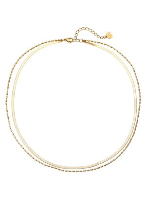 Collar de oro de varias capas con una delicada cadena y un diseño de eslabones texturizados, con cierre ajustable y un acento en forma de corazón.