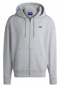 Gray zip-up hoodie with a double-lined hood, kangaroo pockets, and ribbed cuffs. Features a small blue "HUGO" logo on the chest.