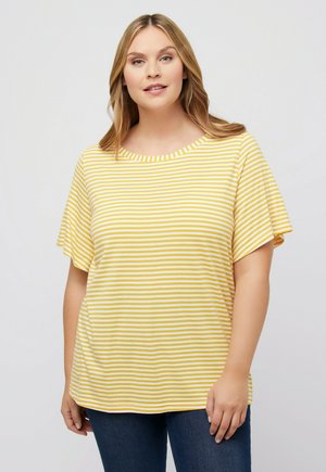 Haut court à manches courtes rayé jaune et blanc avec un col rond et une coupe décontractée, fabriqué en tissu léger.