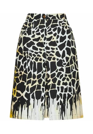 Gonna con motivo giraffa con una combinazione di nero e giallo su tessuto bianco. Presenta una chiusura con bottoni e due tasche frontali.