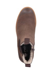Bottines en cuir marron avec une épaisse doublure intérieure, des panneaux latéraux élastiques et une semelle en caoutchouc texturée. Comprend une fermeture éclaire sur le côté.