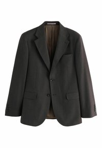Dunkelgrauer Blazer aus strukturiertem Stoff, mit aufgeschlagenem Revers, zwei vorderen Knöpfen und einer Brusttasche. Innen mit einem gemusterten Material gefüttert.