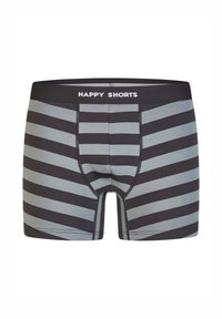 Czarno-niebieskie paski bokserki z szerokim elastycznym pasem oznaczonym napisem "HAPPY SHORTS" oraz dopasowaną przednią kieszonką. Wykonane z miękkiego bawełnianego materiału.