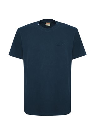 Navy blue short-sleeve t-shirt with round neckline and small stitched triangle and "X" logo on the left chest.