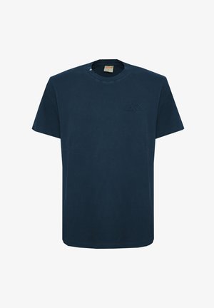 Navy blue short-sleeve t-shirt with round neckline and small stitched triangle and "X" logo on the left chest.