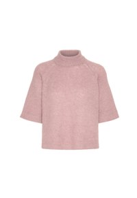 Różowy sweter z krótkim rękawem, wykonany z miękkiego, teksturowanego materiału, z wysokim, prążkowanym dekoltem i luźnym krojem. Posiada rękawy raglanowe dla większego komfortu.