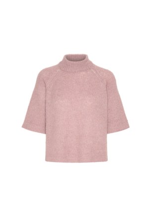 Roze kortemouwen trui gemaakt van zacht, textuurmateriaal met een hoge, geribbelde hals en een ontspannen pasvorm. Beschikt over raglanmouwen voor extra comfort.