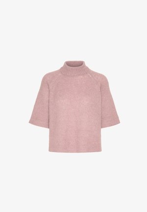Maglione corto a maniche corte di colore rosa realizzato in un materiale morbido e testurizzato, con un collo alto a costine e una vestibilità rilassata. Presenta maniche raglan per un maggiore comfort.