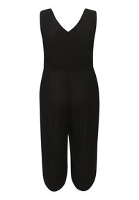 Svart jumpsuit med V-ringning, ärmlös design, cinchad midja och cropped ben med en slät textur. Tyget har en subtil lyster.