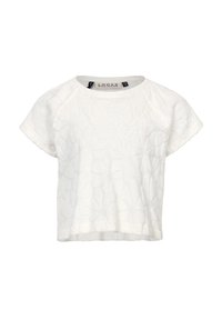 Witte top met korte mouwen, gemaakt van textuurstof, met een bloemenpatroon, ronde halslijn en onafgewerkte zoomdetails.