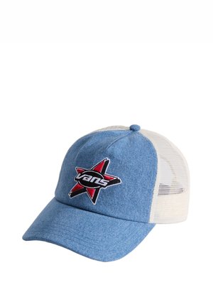 Casquette de baseball Vans en maille bleu et blanc avec logo étoile rouge et noire sur le panneau avant.