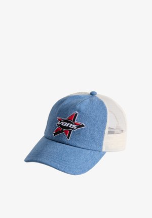 Sininen ja valkoinen verkkokankaasta valmistettu Vansin baseball-lippis, jossa etupaneelissa punainen ja musta tähtilogo.