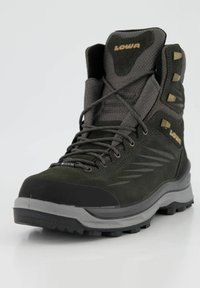 Dunkelgrüner Wanderschuh mit Obermaterial aus Wildleder und Mesh, Gummikappe an der Zehe, grauer Sohle und Metallösen. Beinhaltet ein strukturiertes Design und ein GORE-TEX-Label.