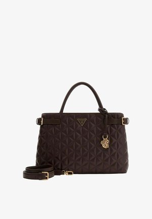 Brown quilted handbag with a structured design, gold-tone hardware, a shoulder strap, and a logo plaque. Features a keychain accent.