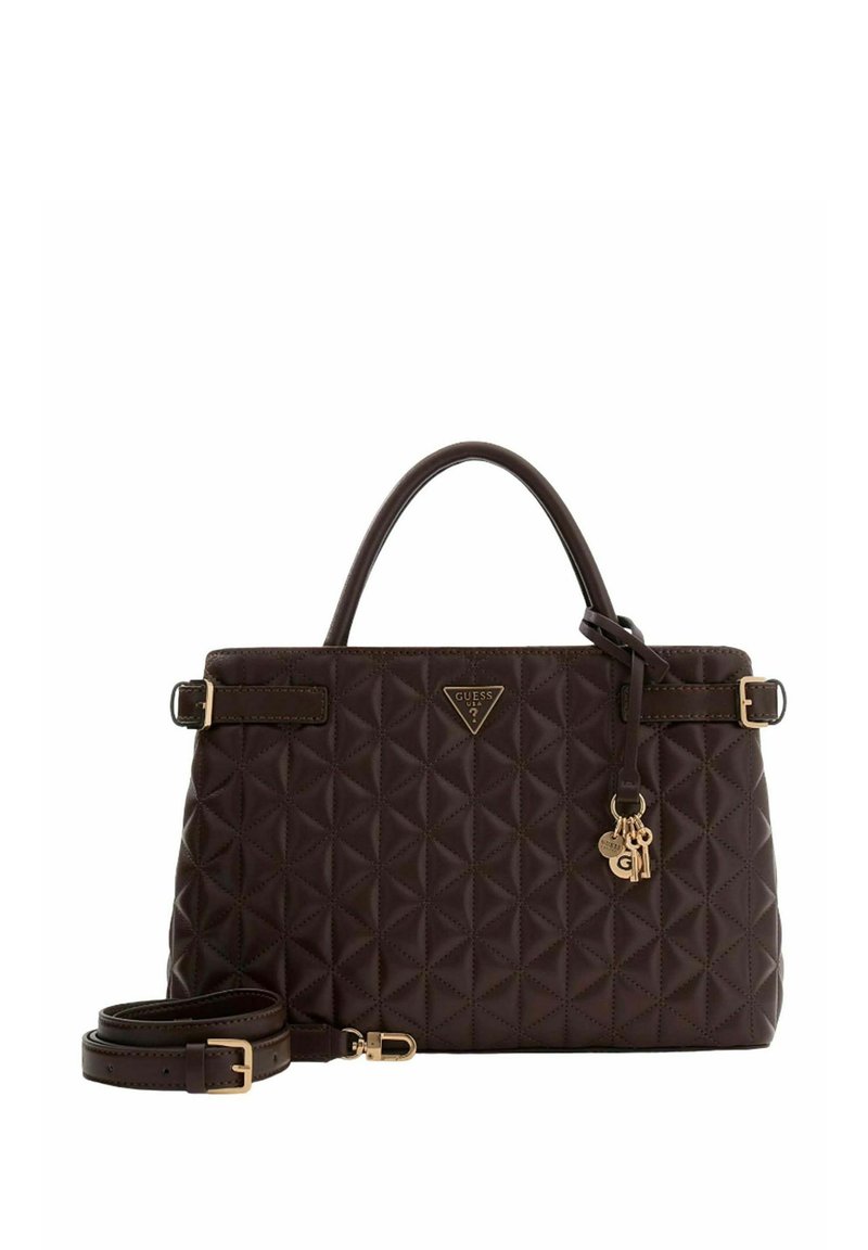 Sac à main matelassé marron au design structuré, équipé de ferrures dorées, d'une bandoulière et d'une plaque logo. Comprend un accent porte-clés.