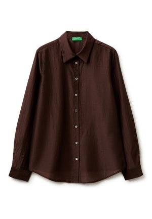Dunkelbraunes, langärmliges Hemd mit Knöpfen, klassischem Kragen und leicht abgerundetem Saum, flach auf einem weißen Hintergrund ausgelegt.