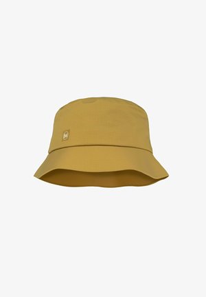 Gelber Bucket Hat aus strukturiertem Gewebe, mit einem breiten, nach unten geneigten Schirm und einem kleinen Logoakzent auf der Vorderseite.