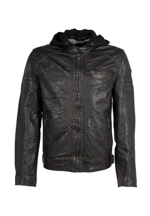 Schwarze Lederjacke mit taillierter Passform, abnehmbarer schwarzer Kapuze, Reißverschluss-Brusttasche und strukturiertem Oberflächendesign.