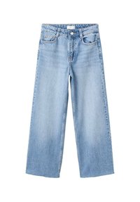 Jean large couleur bleu clair en denim, avec une fermeture par bouton et zip, des poches avant, et un design simple sans déchirures.