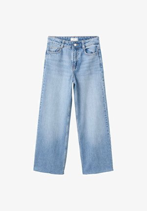 Blugi largi, de culoare albastru deschis, fabricați din denim, cu închidere cu nasture și fermoar, buzunare frontale și un design simplu, fără uzură artificială.