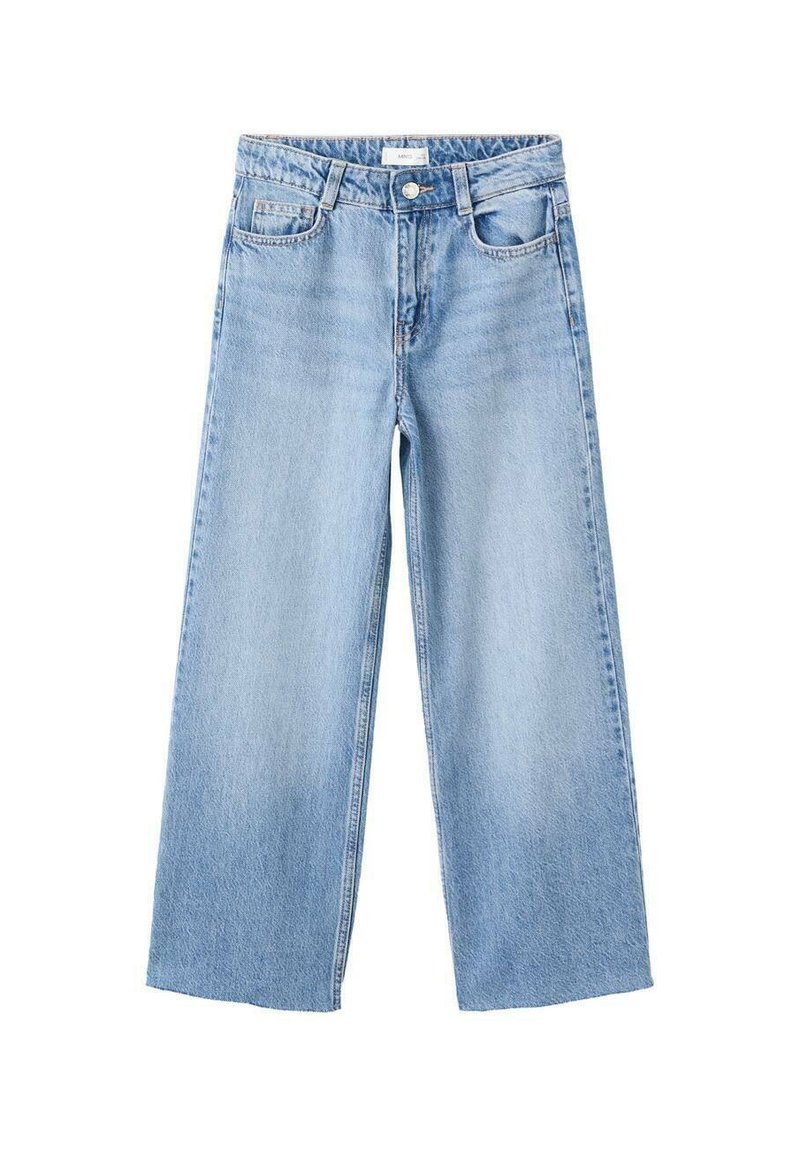 Jean large couleur bleu clair en denim, avec une fermeture par bouton et zip, des poches avant, et un design simple sans déchirures.