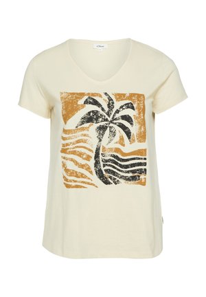 Kremowa koszulka z krótkim rękawem i dekoltem w serek z postarzaną czarno-brązową grafiką palmy i fali na przodzie.