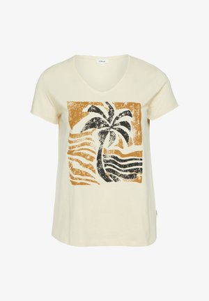 Kremowa koszulka z krótkim rękawem i dekoltem w serek z postarzaną czarno-brązową grafiką palmy i fali na przodzie.