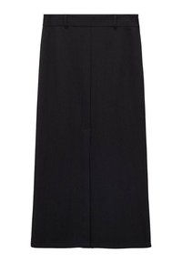 Gonna nera midi con righe verticali bianche, fascia in vita e silhouette dritta. Realizzata in tessuto liscio con una leggera lucentezza.
