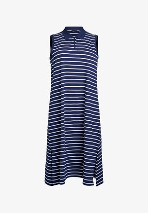 Sukienka polo bez rękawów w granatowym kolorze z białymi poziomymi paskami. Posiada kołnierzyk, zapięcie na guziki oraz rozcięcia po bokach dla wygody ruchu.