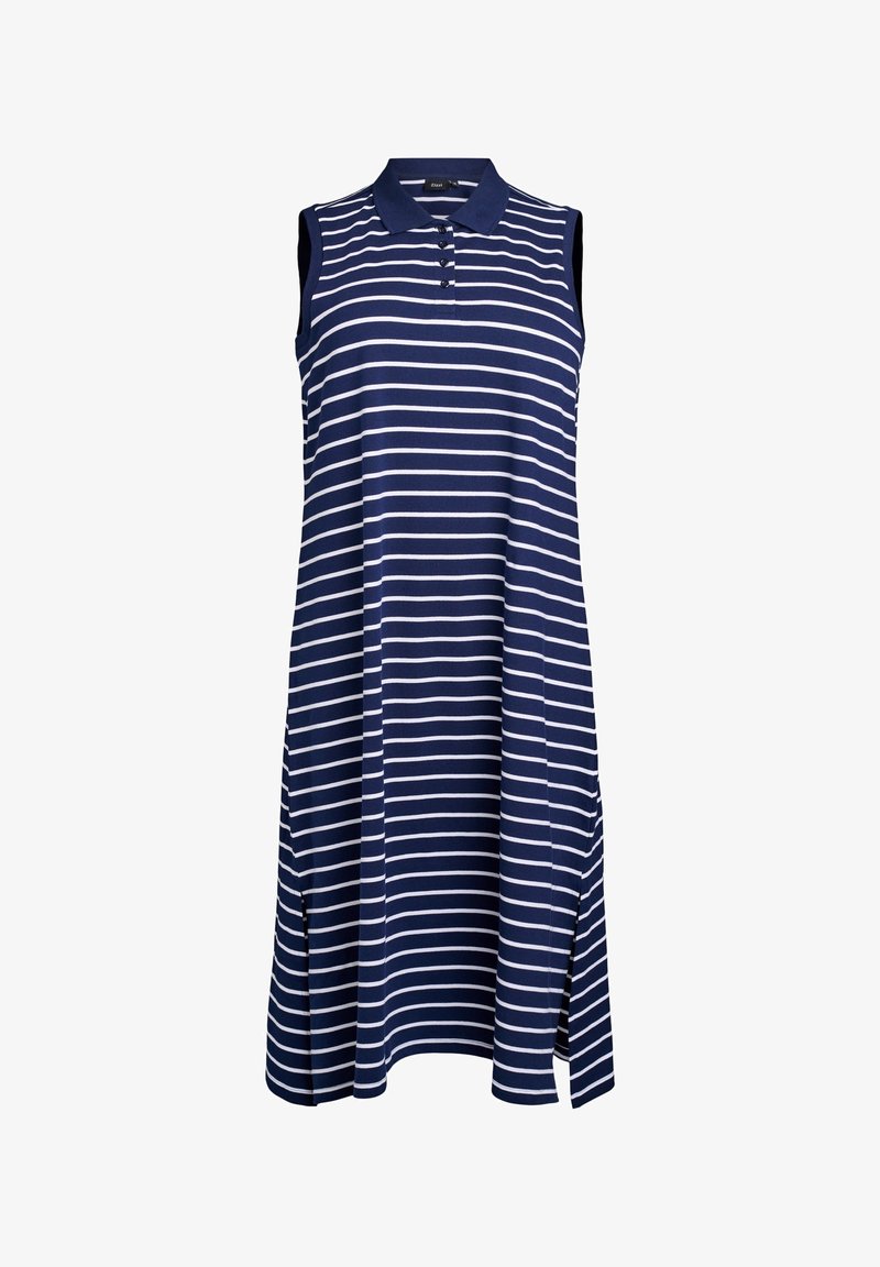 Nesukelti polo suknelė tamsiai mėlynos spalvos su baltais horizontaliais dryžiais. Turi apykaklę, mygtukų užtrauktuką ir šonines plyšius, kad būtų patogu judėti.