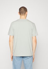 Camiseta gris claro de algodón, con cuello redondo y mangas cortas. Diseño simple con una textura suave, sin logotipos ni patrones visibles.