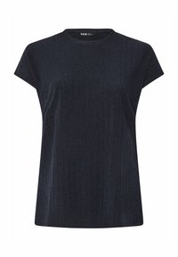 T-paita tummansinisestä kankaasta, jossa on uurrettu pinta, pyöreä kaula-aukko ja lyhyet hihat. Paita on rentoa istuvuutta ja siinä on minimaaliset yksityiskohdat.