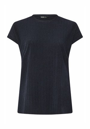 T-shirt blu navy con texture a costine, colletto tondo e maniche corte, caratterizzato da una vestibilità rilassata e dettagli di design minimi.