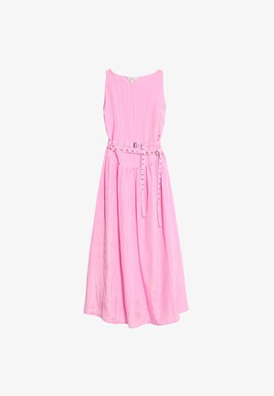 Růžové lněné maxi šaty s přiléhavým pasem, bez rukávů a páskem s kovovými očky. Lehká tkanina s texturovaným povrchem.