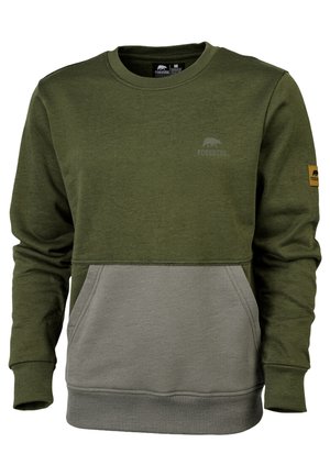 Langarm-Sweatshirt mit Rundhalsausschnitt in Olivgrün und Grau, mit Kängurutasche und Forsberg-Logo auf der Brust und einem Ärmelaufnäher.