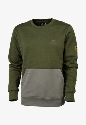 Sweatshirt met lange mouwen en ronde hals in olijfgroen en grijs, met een kangoeroezak en het Forsberg-logo op de borst en een patch op de mouw.