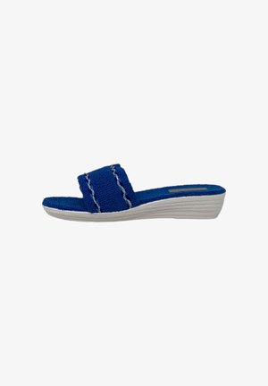 Sandalo slide in spugna blu con suola a zeppa bianca e dettagli decorativi cuciti sulla fascia, vista laterale.