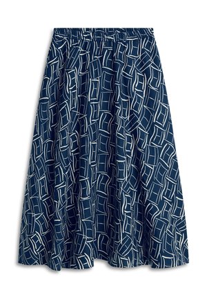 Midi suknja mornoplave boje s bijelim apstraktnim geometrijskim uzorkom, elastičnim pojasom i lepršavim materijalom.
