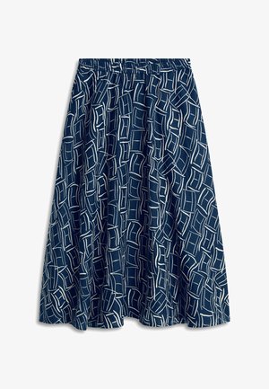 Midi suknja mornoplave boje s bijelim apstraktnim geometrijskim uzorkom, elastičnim pojasom i lepršavim materijalom.