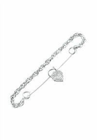 Silver chain bracelet featuring a heart-shaped charm with intricate detailing and a secure closure. Polished finish and symmetrical links.