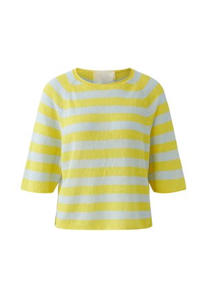 Gelb und hellblau gestreiftes kurzärmeliges Strickoberteil mit rundem Ausschnitt und leicht gekürzter Passform.