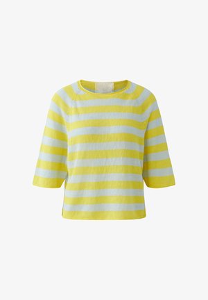 Gelb und hellblau gestreiftes kurzärmeliges Strickoberteil mit rundem Ausschnitt und leicht gekürzter Passform.