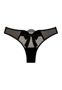String noir avec des panneaux en maille transparente, doté d'un grand nœud noir à l'arrière, d'une bordure en dentelle décorative et d'une silhouette ajustée.