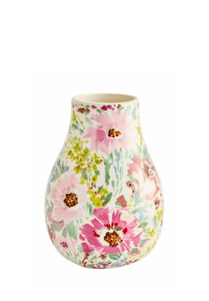 Abgerundete Keramikvase mit breitem Körper und schmalem Hals, verziert mit einem bunten Muster aus rosa, roten und gelben Blumen mit grünen Blättern.