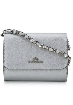 Silver synthetic leather handbag with a chain strap, featuring a flap closure and embossed brand logo on the front. Smooth texture.