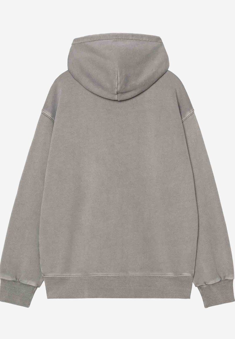 Sweat à capuche gris à manches longues, avec poignets et ourlet côtelés, vu de dos sur un fond uni.