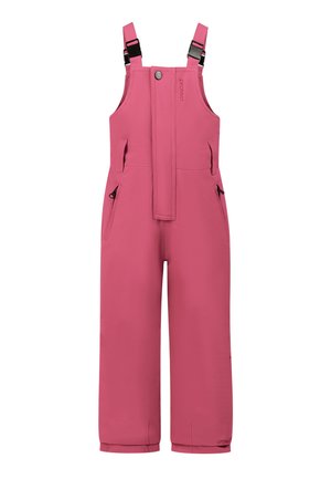 Salopette imperméable rose sans manches avec bretelles réglables, fermeture éclair à l'avant et bouton-pression, ainsi que des poches latérales zippées.