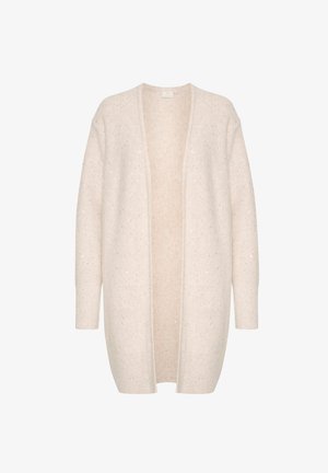 Svetlo bež kardigan iz mehkega blaga, z odprtim sprednjim delom, dolgimi rokavi in majhnimi, raztresenimi sijaji za dodano teksturo.