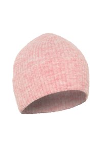 Căciulă roz din tricot ribat cu un tiv pliat, prezentată pe un fundal alb.