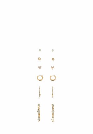 Gold-tone earring set includes six pairs: three studs with various designs, two hoops, and two drop earrings with crystals and pearls.
